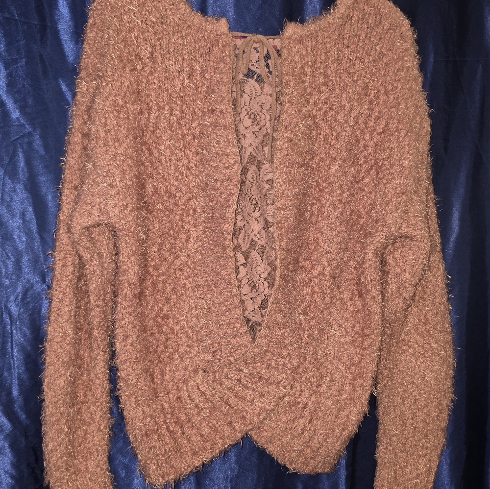 Knox Rose Fuzzy V-Neck Sweater in Rose Brown with Lace Inset
